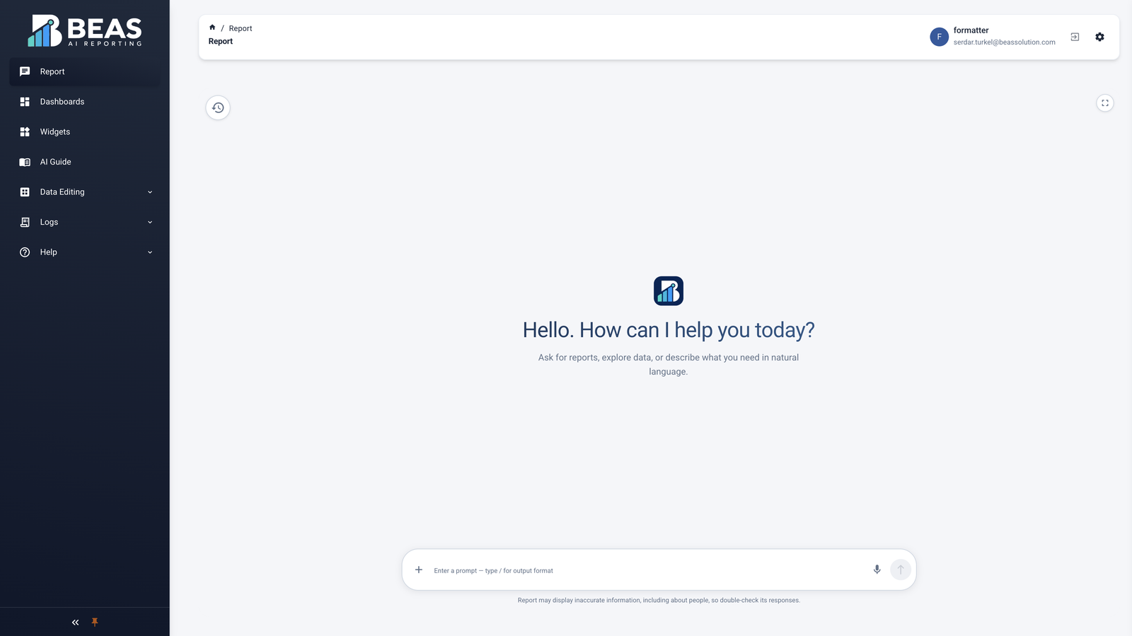 AI Report chat screen