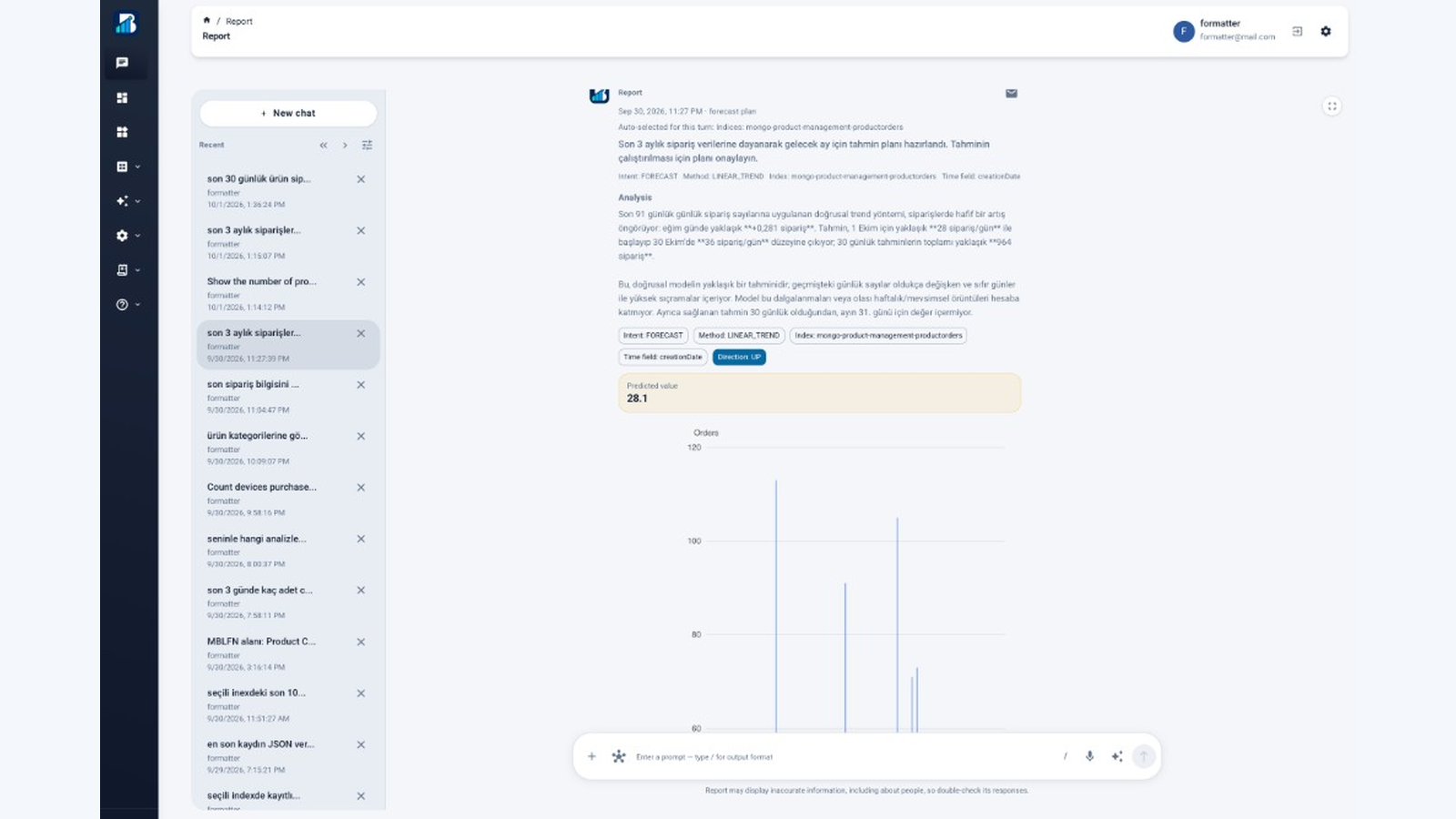 AI Report chat showing a forecast plan, analysis, and chart