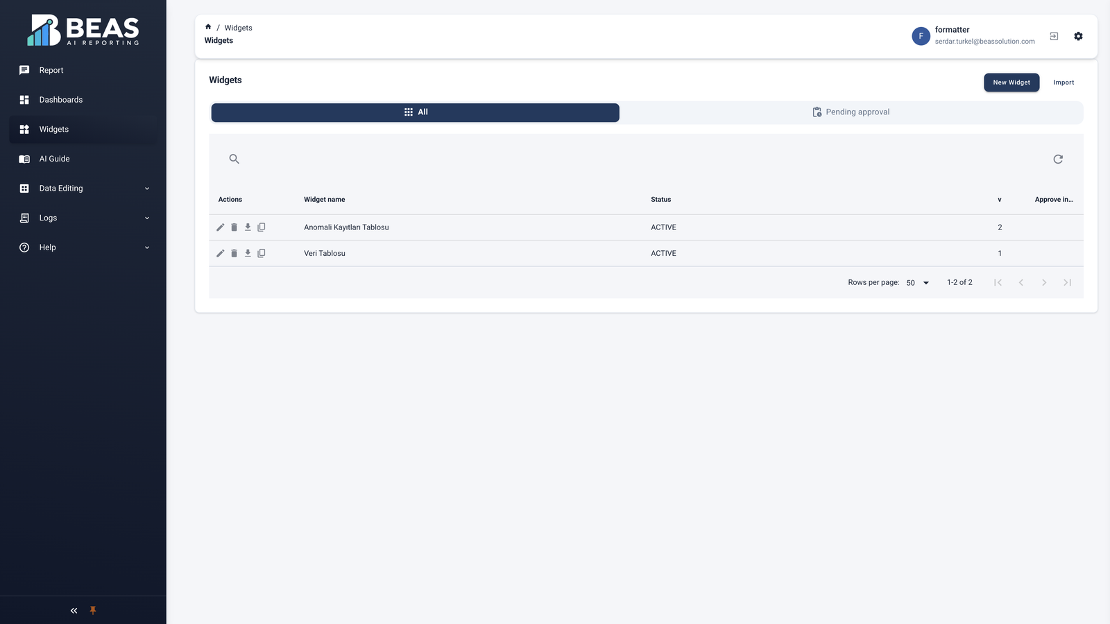 Widgets library listing visualizations