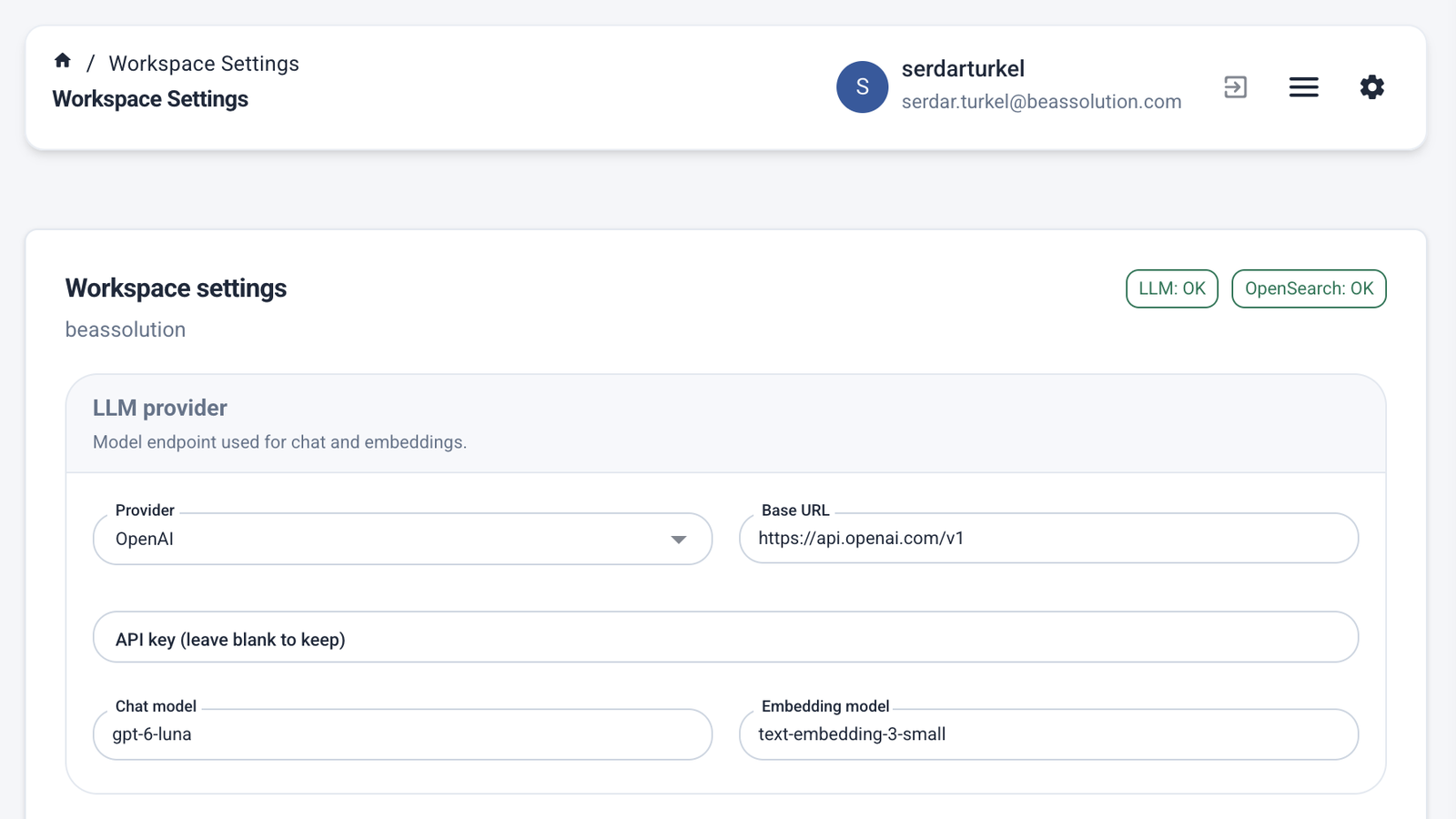 Workspace setup for LLM and OpenSearch